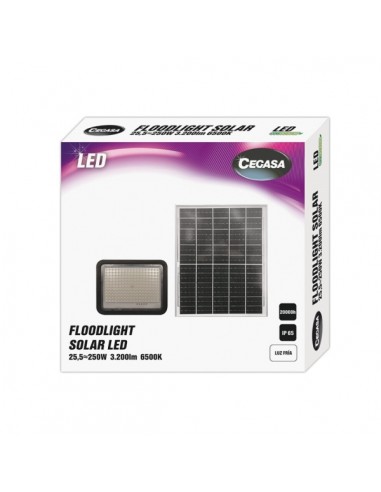 Cegasa Floodlight Foco Solar LED 3200lm 6500K - Panel Solar Integrado 5V-25W - Autonomia hasta 12h - Resistencia IP65