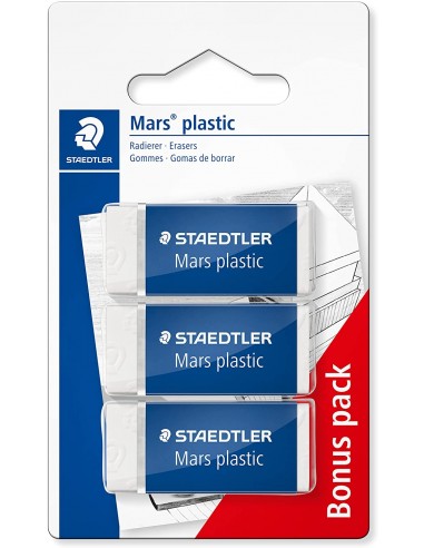 Staedtler Mars Plastic Pack de 3 Gomas de Borrar - Plastico - Alta Precision - Color Blanco