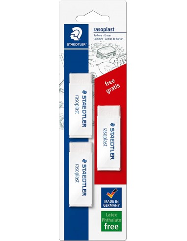 Staedtler Rasoplast 526 Pack de 3 Gomas de Borrar - Borrado de Alta Calidad - Minimos Residuos - Color Blanco