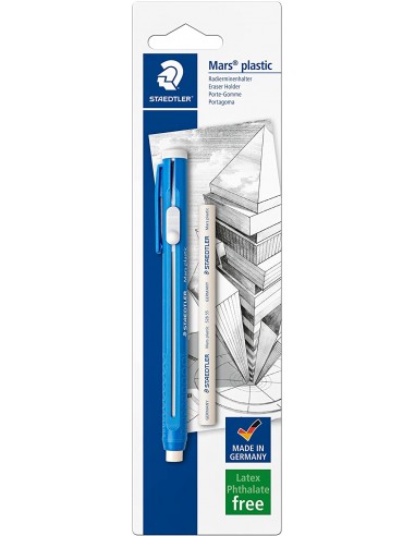 Staedtler Mars Plastic 528 50 Pack de 1 Portagomas en Forma de Lapiz-1 Goma de Repuesto - Con Cursor para Deslizar la Goma