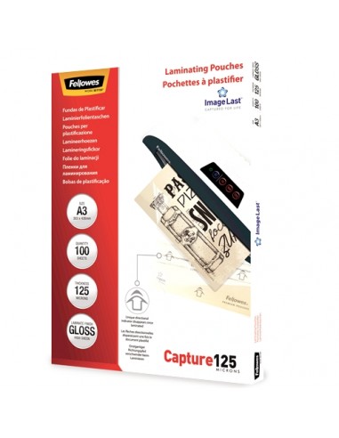 Fellowes Pack de 100 Fundas para Plastificar Brillo A3 - 125 Micras - Alta Calidad - Transparente