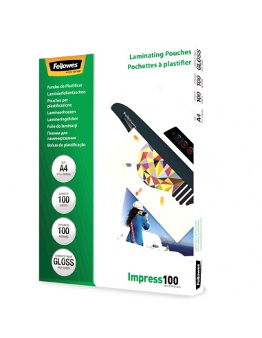 Fellowes Pack de 100 Fundas para Plastificar Brillo A4 - 100 Micras - Alta Calidad - Transparente