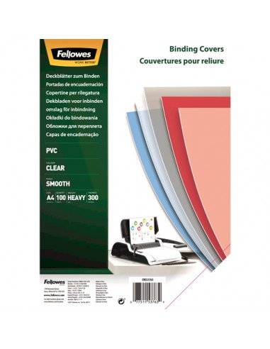 Fellowes Pack de 100 Portadas para Encuadernar de PVC A4 - 300 Micras - Muy Resistentes - Transparente