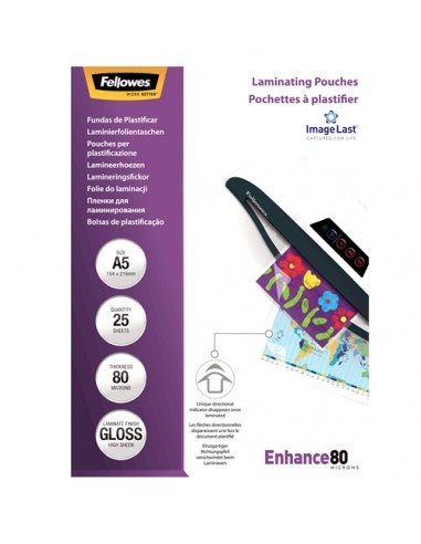 Fellowes Pack de 25 Fundas para Plastificar Brillo A5 - 80 Micras - Alta Calidad - Transparente