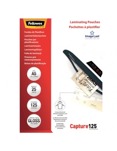 Fellowes Pack de 25 Fundas para Plastificar Brillo A5 - 125 Micras - Alta Calidad - Transparente