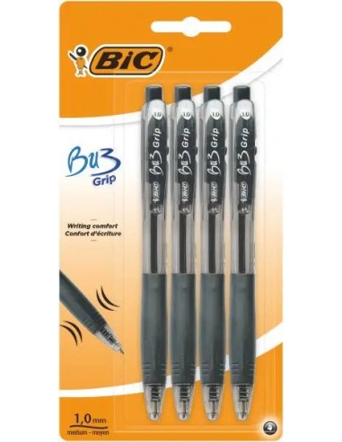Bic Bu3 Pack de 4 Boligrafos Retractiles - Punta Media de 1mm - Trazo 0.32mm - Grip de Goma - Escritura mas Fluida - Color