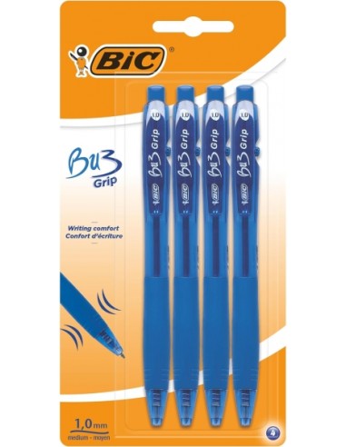 Bic Bu3 Pack de 4 Boligrafos Retractiles - Punta Media de 1mm - Trazo 0.32mm - Grip de Goma - Escritura mas Fluida - Color