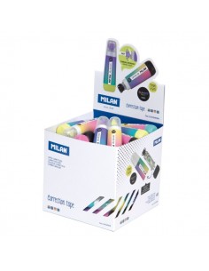Milan Sunset Cubo Expositor de 40 Cintas Correctoras Cilindricas - Medidas 5mmx6m - Rotacion de Punta 360-- Colores Surtidos