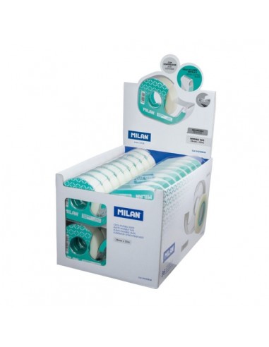 Milan Expositor de 36 Cintas Adhesivas Invisibles con Dispensador - Medidas 19mm x 33m - Color Transparente Mate