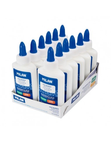 Milan Expositor con 12 Botes de Cola Blanca 100gr - Lavable y sin Disolventes - Ideal para Uso Escolar y Manualidades -