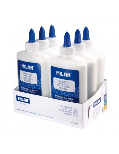 Milan Expositor con 6 Botes de Cola Blanca 250gr - Lavable y sin Disolventes - Ideal para Uso Escolar y Manualidades -