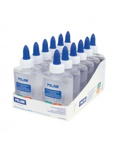 Milan Expositor con 12 Botes de Cola Transparente 118gr - Lavable y sin Disolventes - Ideal para Uso Escolar y Manualidades