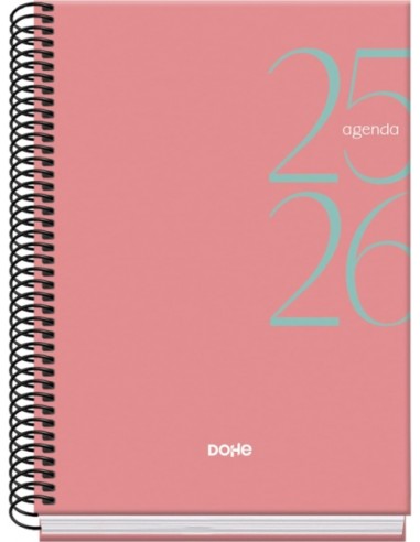 Dohe System Agenda Escolar 25 26 Espiral A5 - Semana Vista - Papel 70g m2 - Cubierta de Carton Plastificado - Color Rosa
