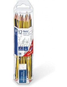 Staedtler Noris 120 Pack de 12 Lapices de Grafito Hexagonales-Goma de Borrar - Mina HB Ultrarresistente de 2mm - Madera de