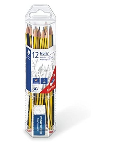 Staedtler Noris 120 Pack de 12 Lapices de Grafito Hexagonales-Goma de Borrar - Mina HB Ultrarresistente de 2mm - Madera de