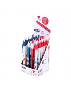 Milan P1 Nata® 624 Expositor de 20 Boligrafos de Bola Retractiles - Punta Redonda 1mm - Tinta Color Azul - Cuerpo de Colores