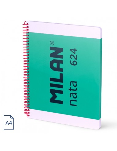 Milan Nata 624 Cuaderno Espiral Formato A4 Liso - 80 Hojas de 95 gr m2 - Microperforado-4 Taladros - Color Verde