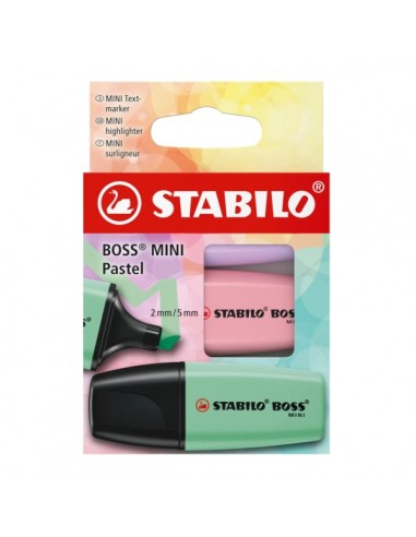 Stabilo Boss Mini Pastel Pack de 3 Marcadores Fluorescentes - Trazo entre 2 y 5mm - Tinta con Base de Agua - Antisecado -