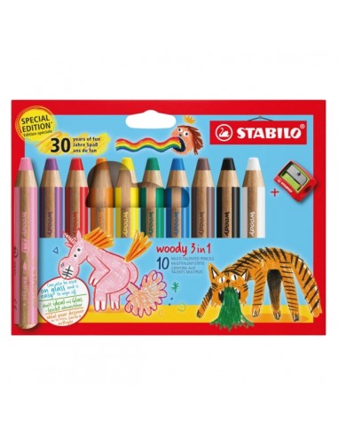 Stabilo Woody 3 en 1 30-Aniversario Unicornio y Tigre Pack de 10 Lapices de Colores-Sacapuntas - Lapiz de Color-Cera y
