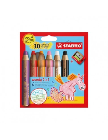 Stabilo Woody 3 en 1 30-Aniversario Unicornio Pack de 6 Lapices de Colores-Sacapuntas - Lapiz de Color-Cera y Acuarela