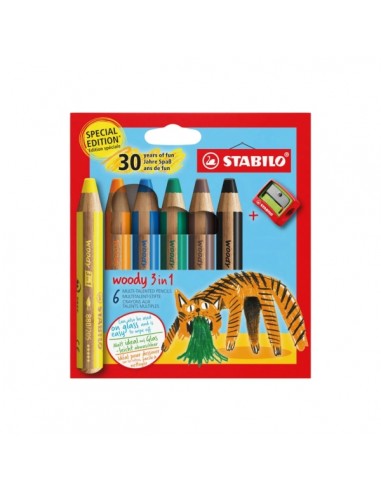 Stabilo Woody 3 en 1 30-Aniversario Tigre Pack de 6 Lapices de Colores-Sacapuntas - Lapiz de Color-Cera y Acuarela-Todo