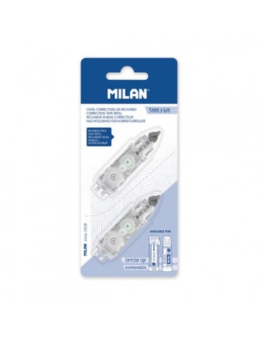 Milan Pack de 2 Recambios para Cinta Correctora 5mm x 6m - Compatible con Correctores Cilindrico y Extension