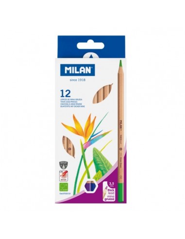 Milan Pack de 12 Lapices Hexagonales de Colores - Mina Gruesa 3.5mm - Resistente a la Rotura - Madera Certificada FSC -
