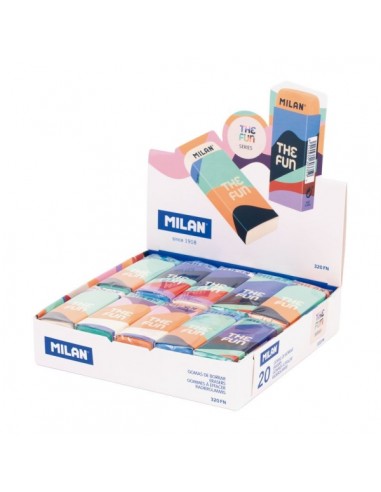 Milan The Fun Nata 320 Expositor con 20 Goma de Borrar Rectangular - Caucho Sintetico - Envuelta Individualmente - Faja y