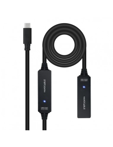 Nanocable Cable Prolongador USB-C 3.2 Macho a USB-C 3.2 Hembra - 10 Metros - Amplificador - Color Negro