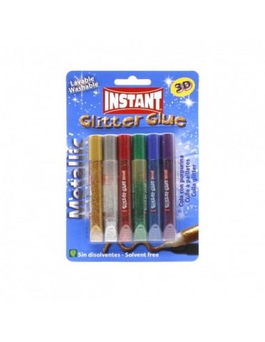 Instant Glitter Glue Metallic Pack de 6 Tubos de Pegamento con Purpurina 10.5ml - Para Distintas Superficies - Sin