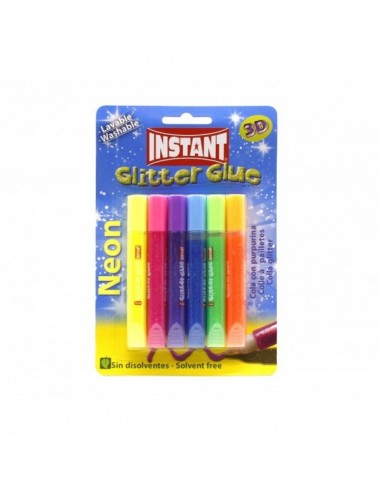 Instant Glitter Glue Neon Pack de 6 Tubos de Pegamento con Purpurina 10.5ml - Para Distintas Superficies - Sin Disolventes -