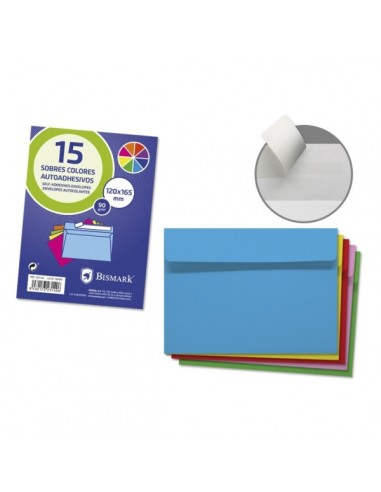 Bismark Pack de 15 Sobres de Papel 90gr - Medidas 120x165mm - Cierre Autoadhesivo - Colores Surtidos