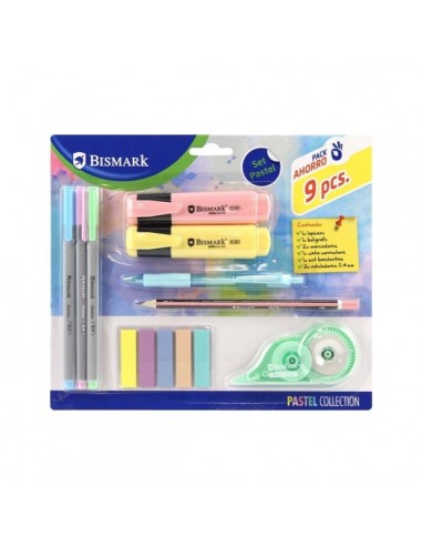 Bismark Pastel Pack Escolar con Lapicero-Boligrafo-2 Marcadores-Cinta Correctora-Set Banderitas Pet y 3 Rotuladores 0.44mm