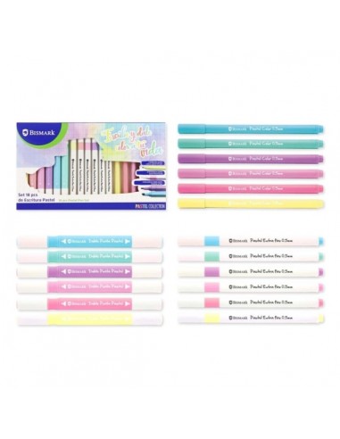 Bismark Pastel Pack Escolar de Escritura con 6 Marcadores Doble Punta Biselada 4mm y Fina 1mm-6 Rotuladores Punta Fina 0.5mm