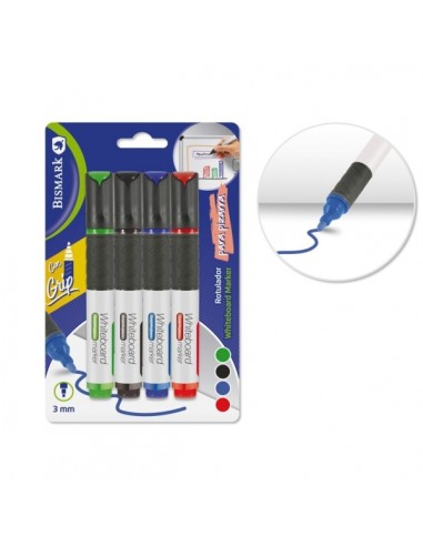 Bismark Pack de 4 Rotuladores para Pizarra Blanca con Grip - Punta Redonda 3mm - Colores Surtidos