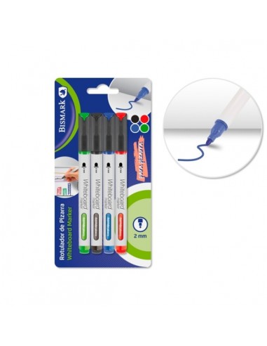 Bismark Pack de 4 Rotuladores para Pizarra Blanca - Punta Redonda 2mm - Colores Surtidos