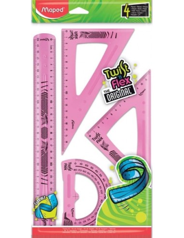 Maped Twist´n Flex Pack de Reglas Flexibles - Regla 30cm-Escuadra 45-21cm-Cartabon 60-21cm-Transportador 180-12cm -