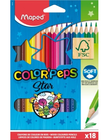 Maped Color´Peps Star Pack de 18 Lapices de Colores Triangulares - Mina Suave - Madera Certificada FSC - Colores Surtidos