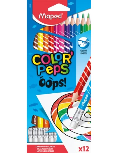 Maped Color´Peps Oops Pack de 12 Lapices de Colores Borrables - Mina 2.9mm - Con Goma de Borrar - Sin Madera - Colores