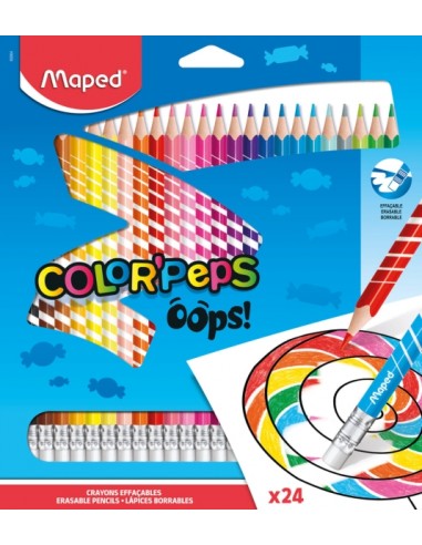 Maped Color´Peps Oops Pack de 24 Lapices de Colores Borrables - Mina 2.9mm - Con Goma de Borrar - Sin Madera - Colores