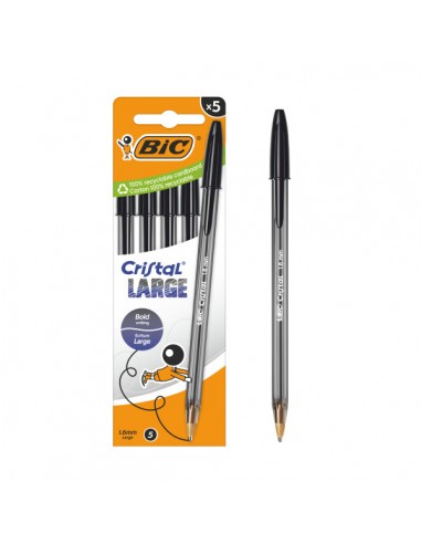 Bic Cristal Large Pack de 5 Boligrafos de Bola - Punta Redonda de 1.6mm - Trazo 0.6mm - Tinta con Base de Aceite - Color Negro
