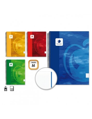 Golden Cuaderno Espiral A4 160 Hojas 60grs Cuadricula 5x5 - Hojas Microperforadas - Tapa Dura Plastificada - Colores Surtidos