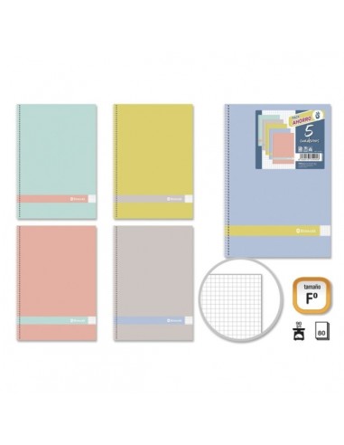 Golden Morandi Pack de 5 Cuadernos Espiral Folio 80 Hojas 90grs Cuadricula 4x4 - Tapa Blanda con Cantos Redondeados - Colores