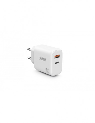 Urban Factory Powee Cargador USB-C GaN de 65W - 1 Puerto USB-C de 45W-1 Puerto USB-A de 18W - Carga Rapida - Color Blanco
