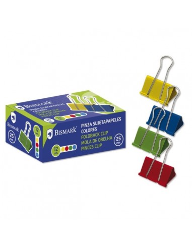 Bismark Pack de 12 Pinzas Sujetapapeles Metalicas de 25mm - Pala Abatible - Colores Surtidos