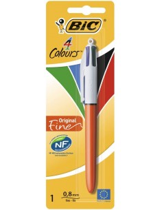 Bic 4 Colours Original Fine Boligrafo de Bola Retractil - Punta Fina de 0.8mm - Tinta con Base de Aceite - Cuerpo Rojo Blanco