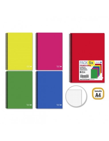 Golden Basic Pack de 5 Cuadernos A4 80 Hojas 90gr Cuadricula 4x4 - Ideal para Estudiantes - Tapa Polipropileno - Colores