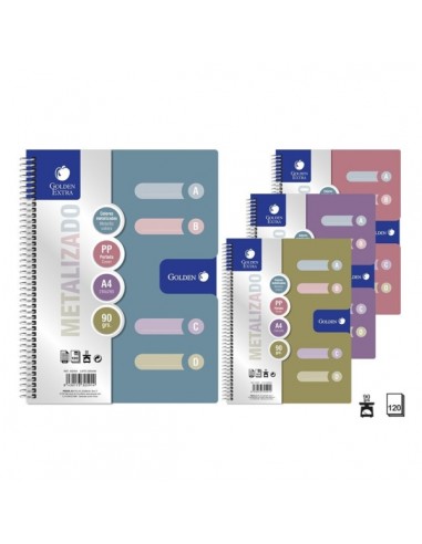 Golden Pack de 6 Cuadernos A4 120 Hojas 90gr Cuadricula 5x5 - Tapa Polipropileno - Colores Metalizados Surtidos