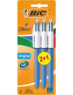Bic 4 Colours Original Pack de 3 Boligrafos de Bola Retractil - Punta Media de 1.0mm - Tinta con Base de Aceite - Cuerpo