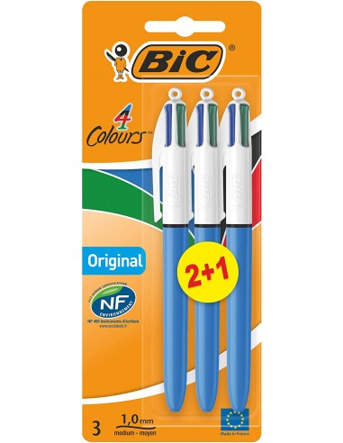 Bic 4 Colours Original Pack de 3 Boligrafos de Bola Retractil - Punta Media de 1.0mm - Tinta con Base de Aceite - Cuerpo